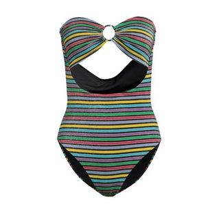 WeWoreWhat O-Ring Lurex Stripe Ruched Bandeau One Piece Size Small